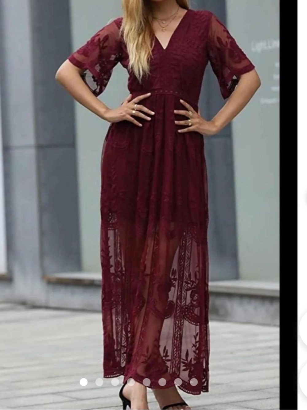 Altar'd State Lace V-Neck Maxi Dress with Sheer Back & Accents, Burgundy, Sz S